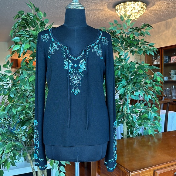 Size Large Black Boho Western Sweater Turquoise Beads and Bell Sleeves - Picture 6 of 16